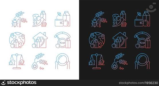 Hunger reasons gradient icons set for dark and light mode. Pests and harvest loss danger. Thin line contour symbols bundle. Isolated vector outline illustrations collection on black and white. Hunger reasons gradient icons set for dark and light mode