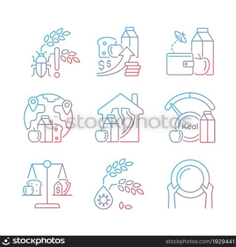 Hunger reasons gradient linear vector icons set. Pests and harvest loss danger. Financial problem that lead to hunger. Thin line contour symbols bundle. Isolated outline illustrations collection. Hunger reasons gradient linear vector icons set