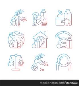 Hunger reasons gradient linear vector icons set. Pests and harvest loss danger. Financial problem that lead to hunger. Thin line contour symbols bundle. Isolated outline illustrations collection. Hunger reasons gradient linear vector icons set