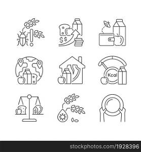 Hunger reasons linear icons set. Pests and harvest loss danger. Financial problem that lead to hunger. Customizable thin line contour symbols. Isolated vector outline illustrations. Editable stroke. Hunger reasons linear icons set