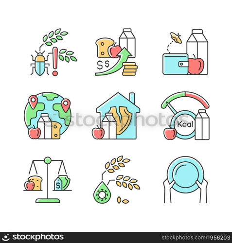 Hunger reasons RGB color icons set. Pests and harvest loss danger. Poverty and starvation. Financial problem that lead to hunger. Isolated vector illustrations. Simple filled line drawings collection. Hunger reasons RGB color icons set