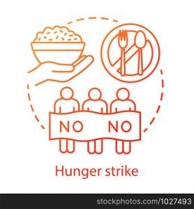 Hunger strike concept icon. Voluntary food refuse, nonviolent protest idea thin line illustration. Protesters with banner, rice and tableware vector isolated outline drawing. Social demonstration