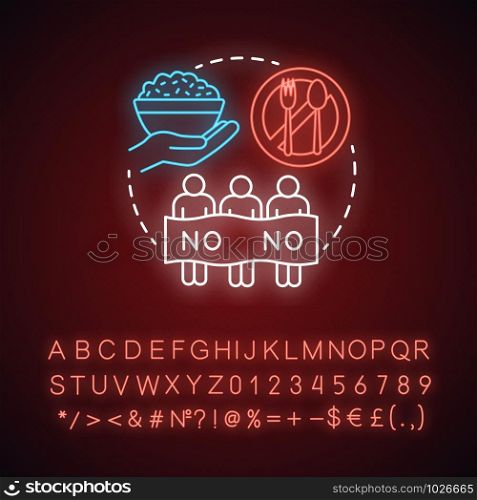 Hunger strike neon light concept icon. Voluntary food refuse, nonviolent protest idea. Glowing sign with alphabet, numbers and symbols. Protesters, rice bowl and tableware vector isolated illustration