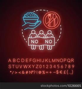 Hunger strike neon light concept icon. Voluntary food refuse, nonviolent protest idea. Glowing sign with alphabet, numbers and symbols. Protesters, rice bowl and tableware vector isolated illustration