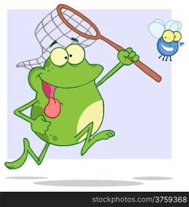Hungry Frog Chasing Fly With A Net