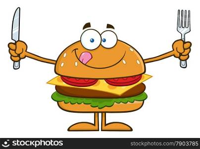 Hungry Hamburger Cartoon Character With Knife And Fork