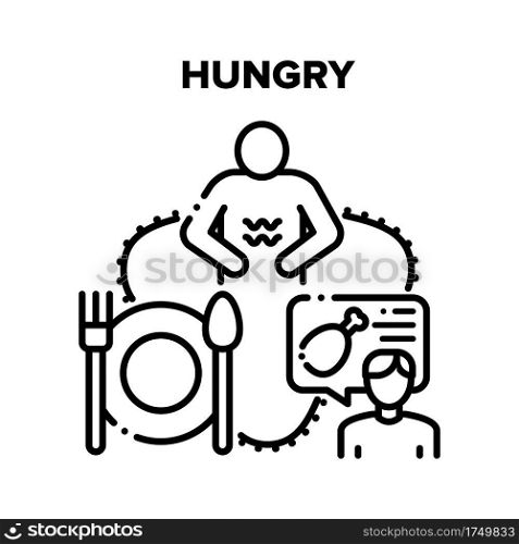 Hungry Human Vector Icon Concept. Hungry Man With Empty Stomach Think About Food, And Person Ordering Meal In Restaurant. Plate And Utensil For Eating Tasty Dish Black Illustration. Hungry Human Vector Black Illustrations