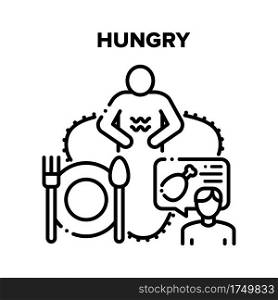 Hungry Human Vector Icon Concept. Hungry Man With Empty Stomach Think About Food, And Person Ordering Meal In Restaurant. Plate And Utensil For Eating Tasty Dish Black Illustration. Hungry Human Vector Black Illustrations