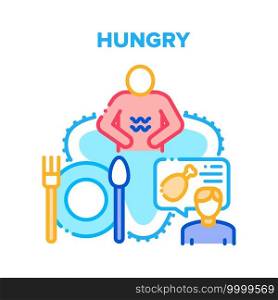 Hungry Human Vector Icon Concept. Hungry Man With Empty Stomach Think About Food, And Person Ordering Meal In Restaurant. Plate And Utensil For Eating Tasty Dish Color Illustration. Hungry Human Vector Concept Color Illustration