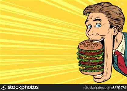 hungry man with a giant Burger in your mouth, street food. Pop art retro vector illustration. hungry man with a giant Burger, street food