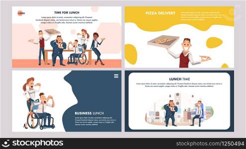 Hungry Office Worker Have Break for Pizza Set. Coworking Lunch Delivery. Disabled Man in Wheelchair Eat Italian Food. Male and Female Character with Junkfood. Cartoon Flat Vector Illustration. Hungry Office Worker Have Break for Pizza Set