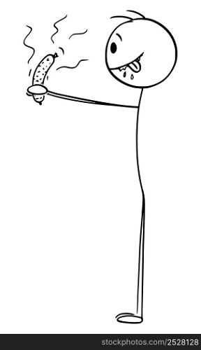 Hungry person holding sausage in hand and salivating, he wants to eat it, vector cartoon stick figure or character illustration.. Hungry Person Looking at Sausage in Hand and Salivating, Vector Cartoon Stick Figure Illustration
