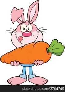 Hungry Pink Rabbit Cartoon Character Holding A Big Carrot