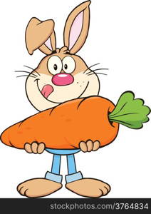 Hungry Rabbit Cartoon Character Holding A Big Carrot