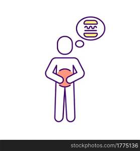 Hungry RGB color icon. Isolated vector illustration. Wanting to eat. Thinking about food. Diabetes symptomps. Person thinking of burger simple filled line drawing. Hungry RGB color icon