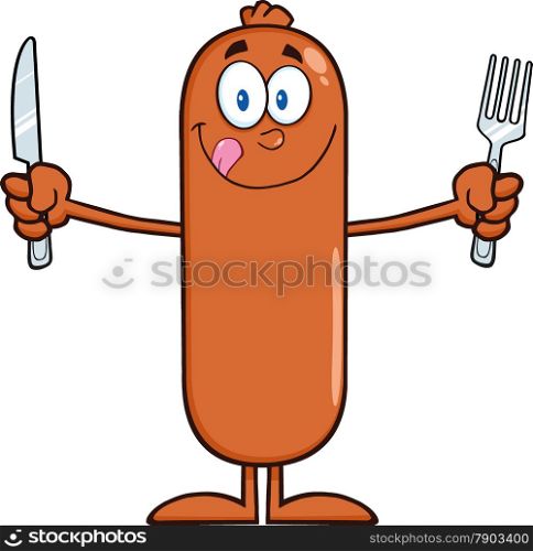 Hungry Sausage Cartoon Character With Knife And Fork