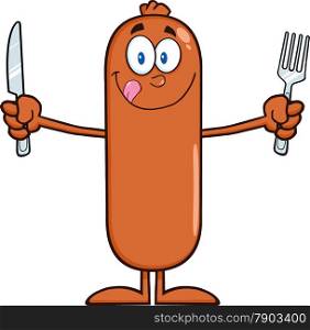 Hungry Sausage Cartoon Character With Knife And Fork