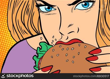 Hungry woman eats Burger. fast food. Comic book cartoon pop art retro color illustration drawing. Hungry woman eats Burger