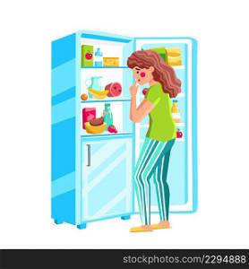 Hungry Woman Looking At Food In Fridge Vector. Hungry Woman Look At Nutrition In Opened Refrigerator And Thinking For Eat. Character Searching Nutrition In Home Appliance Flat Cartoon Illustration. Hungry Woman Looking At Food In Fridge Vector