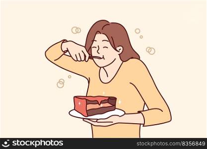 Hungry young woman eating cake suffer from eating disorder. Happy girl enjoy chocolate dessert. Guilty pleasure. Vector illustration.. Young woman eating chocolate cake