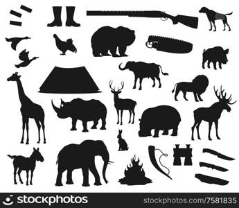 Hunt icons, wild animals and birds, hunter ammo equipment silhouettes. Vector deer, elk and bear, African safari hunt lion and elephant, rhinoceros, giraffe and boar, ducks and hunter rifle guns. Wild animals hunting, hunter ammo equipment