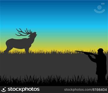 Hunt on deer. The Huntsman unadulterated in deer on glade.Vector illustration