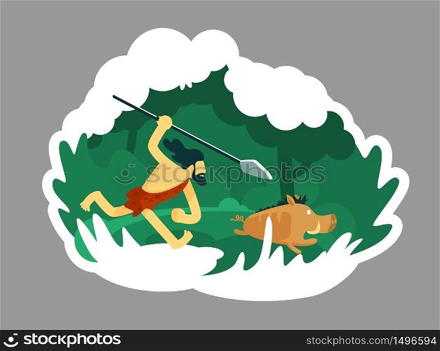 Hunter 2D vector web banner, poster. Ancient man with beard chase wild animal. Caveman flat character on cartoon background. Prehistoric hunting printable patches, colorful web elements. Hunter 2D vector web banner, poster