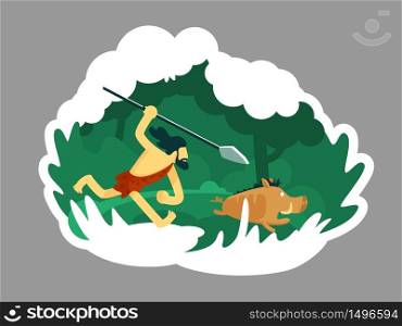 Hunter 2D vector web banner, poster. Ancient man with beard chase wild animal. Caveman flat character on cartoon background. Prehistoric hunting printable patches, colorful web elements. Hunter 2D vector web banner, poster