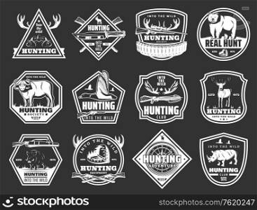 Hunter club badges, hunting open season adventure icons of wild animals and birds. Vector African safari hunt rhinoceros, hunter ammo equipment rifles and traps for bear, deer or elk antlers. Hunt wild animals and birds, hunter club badges