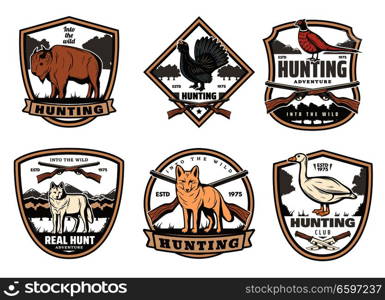 Hunter club or hunting open season badge icons. Vector set of shields with buffalo, wild wolf or fox and crossed rifle guns, duck and pheasant birds with hunter knife for outdoor adventure. Vector icons for hunting club open season