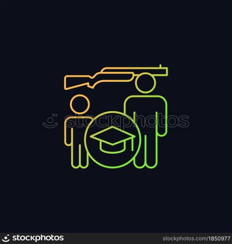 Hunter education for kids gradient vector icon for dark theme. Junior hunting. Kids hunt learning. Safety rules. Thin line color symbol. Modern style pictogram. Vector isolated outline drawing. Hunter education for kids gradient vector icon for dark theme