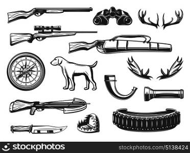 Hunter equipment and hunt items for open season or hunter club. Vector hunter dog, elk antlers carbine with bullets, compass and knife with binoculars, animal trap or horn and crossbow arbalest. Vector hunting equipment and items