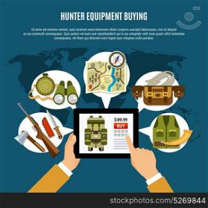 Hunter Equipment Composition. Hunter equipment composition with uniform rifle and map flat vector illustration