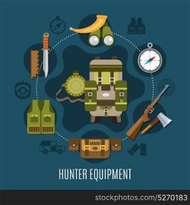 Hunter Equipment Concept. Hunter equipment concept with horn rifle and compass flat vector illustration