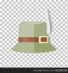 Hunter Hat Isolated on Checkered Background. Summer hat isolated on checkered background. Green panama with brown ribbon for protection from sun and rain weather conditions. Hunter hat with feather. Garment for wearing head. Vector illustration