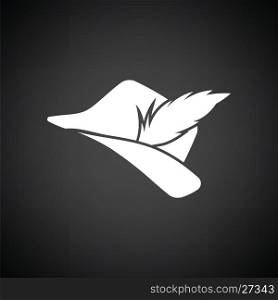 Hunter hat with feather icon. Black background with white. Vector illustration.