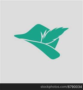 Hunter hat with feather icon. Gray background with green. Vector illustration.
