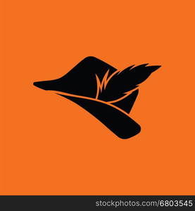 Hunter hat with feather icon. Orange background with black. Vector illustration.