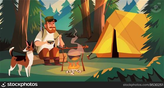 Hunter on nature. Man with dog in forest with tent, brought in search of game, guy eats soup from pot, sitting by fire, camping with bonfire, hiking adventures, tidy vector cartoon flat style concept. Hunter on nature. Man with dog in forest with tent, brought in search of game, guy eats soup from pot, sitting by fire, camping with bonfire, hiking adventures, tidy vector cartoon flat concept