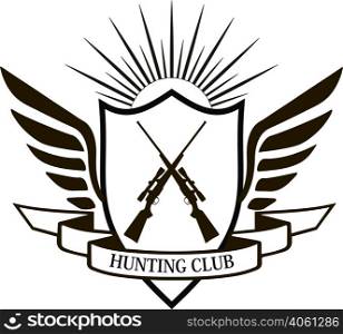 Hunter&rsquo;s club label template. Grunge style emblem with two guns. Hunting. Design element in vector.. HUNTING CLUB