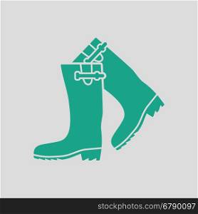 Hunter's rubber boots icon. Gray background with green. Vector illustration.