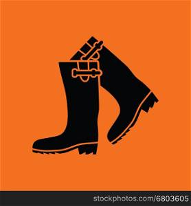 Hunter's rubber boots icon. Orange background with black. Vector illustration.