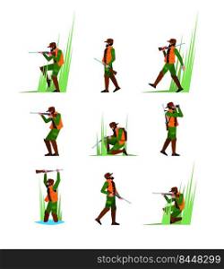 Hunter with rifle. Shotgun man hunting standing in action poses holding weapons and armor garish vector flat concept illustrations isolated. Armed activity and adventure hunting. Hunter with rifle. Shotgun man hunting standing in action poses holding weapons and armor garish vector flat concept illustrations isolated