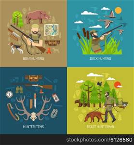 Hunting 2x2 Design Concept Set . Hunting 2x2 design concept set of boar and duck hunting and hunter ammunition items flat vector illustration