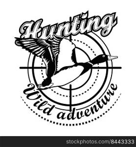 Hunting adventure vector illustration. Aiming at flying duck with text. Hunting animals concept for club and community emblems templates