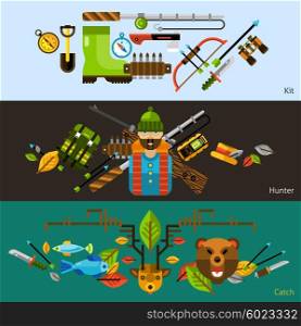 Hunting and fishing banners. Hunting and fishing horizontal banners with animals and hunter equipments flat elements isolated vector illustration