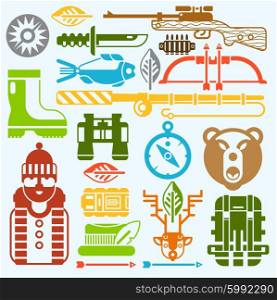 Hunting and fishing icons monochrome. Hunting and fishing icons flat monochrome set with weapon and tackle isolated vector illustration