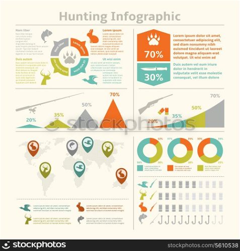 Hunting animals wildlife fishing infographics with diagrams charts for template design vector illustration