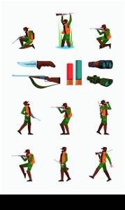 Hunting attributes. Hunter in armor clothes with ruffle gun hunt hirn weapons binoculars trap guidebook vector flat pictures set. Hunter and equipment for hunt, binoculars gun and knife illustration. Hunting attributes. Hunter in armor clothes with ruffle gun hunt hirn weapons binoculars trap guidebook garish vector flat pictures set