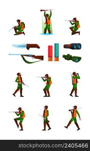 Hunting attributes. Hunter in armor clothes with ruffle gun hunt hirn weapons binoculars trap guidebook vector flat pictures set. Hunter and equipment for hunt, binoculars gun and knife illustration. Hunting attributes. Hunter in armor clothes with ruffle gun hunt hirn weapons binoculars trap guidebook garish vector flat pictures set